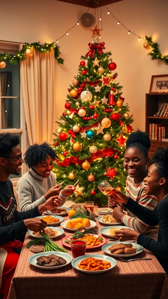 Festive Christmas Celebration for Black Families A joyful Black family celebrating Christmas in a decorated living room with traditional dishes and a beautifully adorned tree.